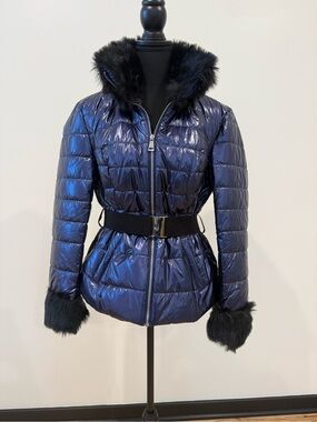 VENUS Shiny Navy Blue Puffer Jacket with Faux Fur Trim